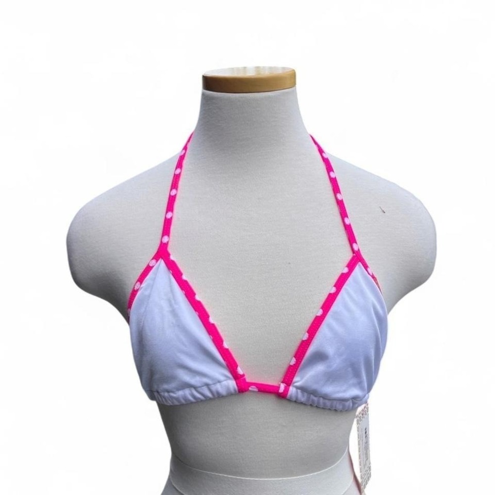 White - Pink polka dot trim  bikini top - Picture 2 of 4